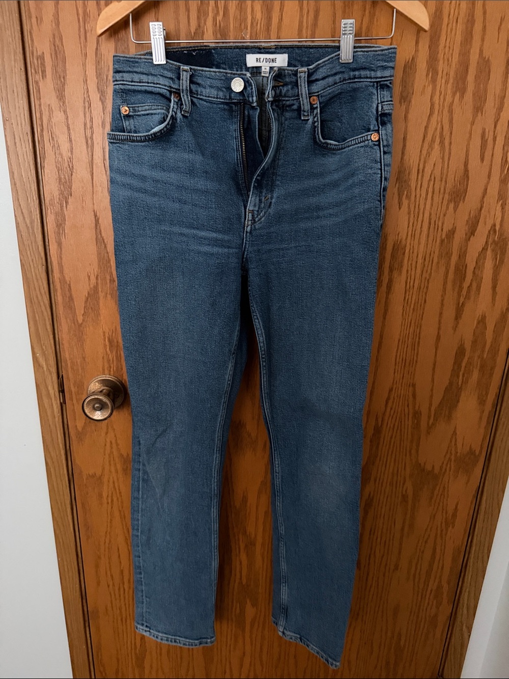 2 x $40 Re/Done High-Rise Straight Jeans — Medium Blue Denim